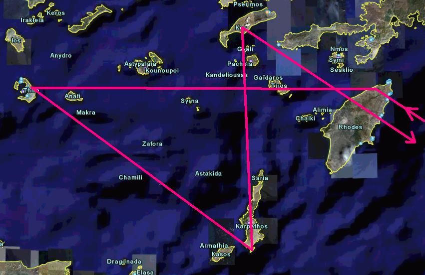 Map of private flight from Israel to Kos, Karpathos, Santorini, Rhodes and back to Israel in a private airplane.